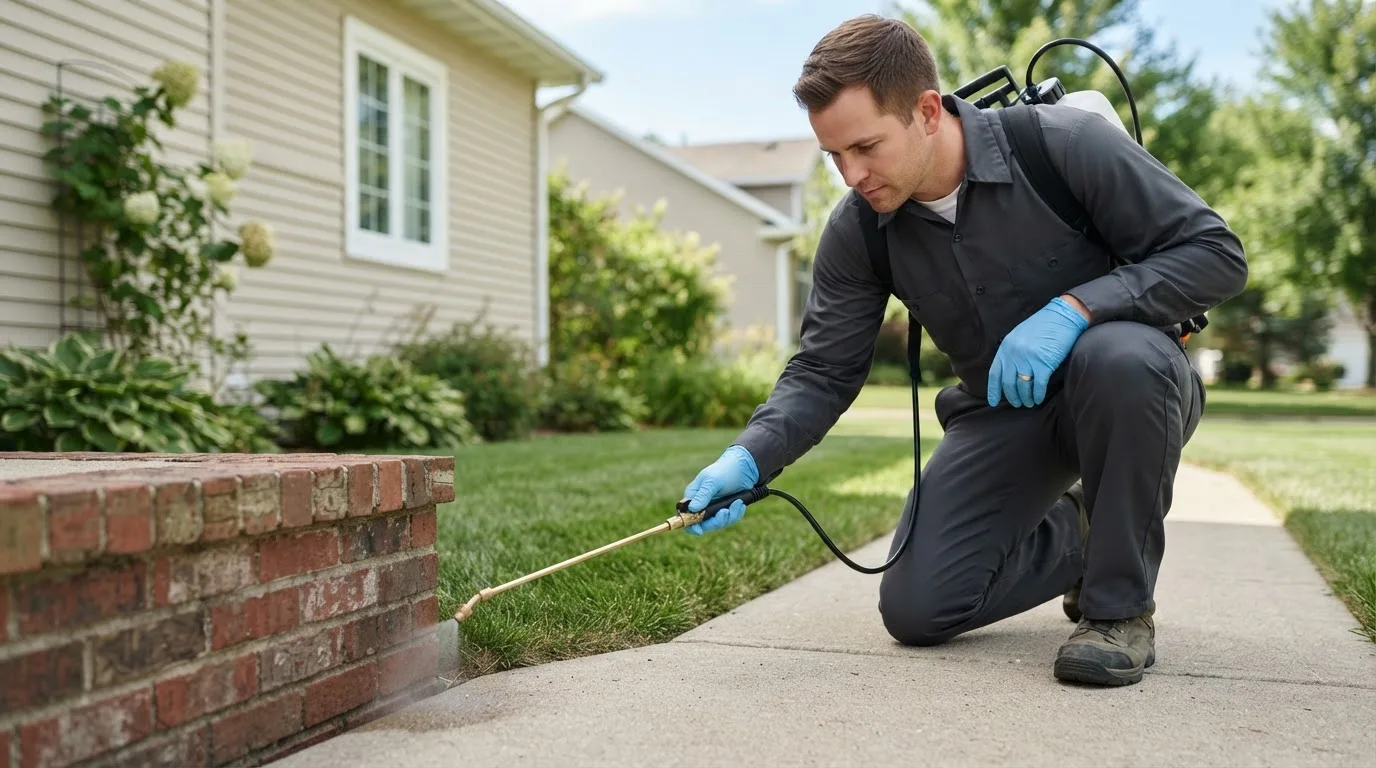 Pest control technician treating a home near Edmond, WV