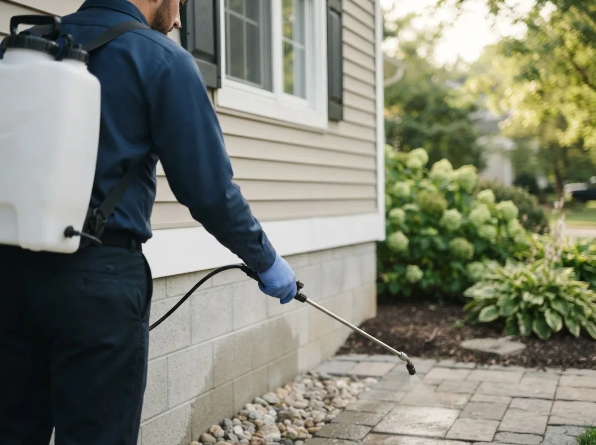 Pest control technician inspecting a home in Edmond, WV
